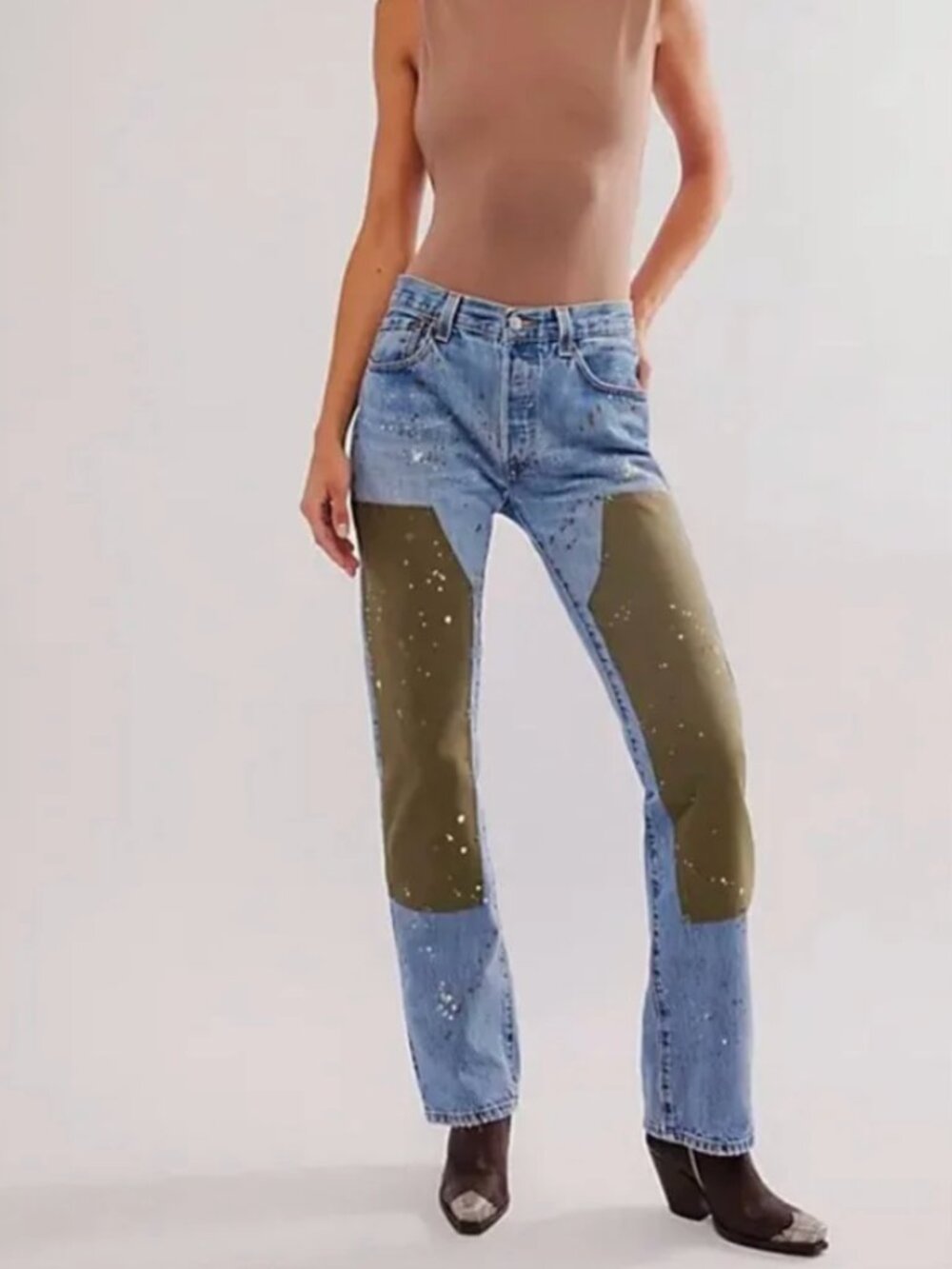 Free People x Tricia Fix Double Patched Carpenter Jeans Olive Green NWT Medium
